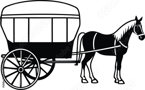 Horse-drawn carriage vector illustration, horse-drawn carriage silhouette vector art, horse-drawn carriage line art isolated icon design