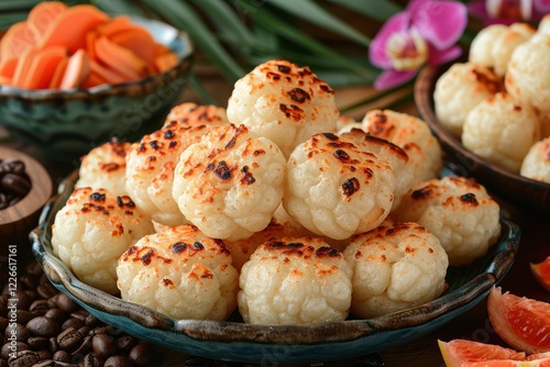 a Brazilian breakfast with pÃ£o de queijo (cheese bread), fresh fruits, and a cup of strong coffee. Bright, tropical-themed setting.  photo