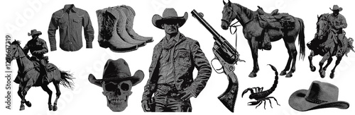 Set of wild west cowboy western vintage halftone grunge vector design elements