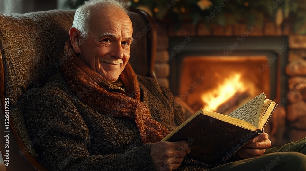 Relaxed old man reading a hardcover book with a joyful expression in a comfortable chair by the fireplace. Relaxed old man reading a hardcover book with a joyful expression in a comfortable chair by the fireplace.