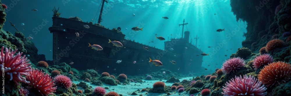 Fototapeta premium Dark mysterious depths, a school of fish swim through a shipwreck covered in seaweed and anemones , shipwreck, blue, water