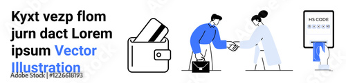 Two business people shaking hands, a wallet with a credit card, and a person entering a PIN code at a payment terminal. Ideal for finance themes, business deals, electronic transactions. Landing page