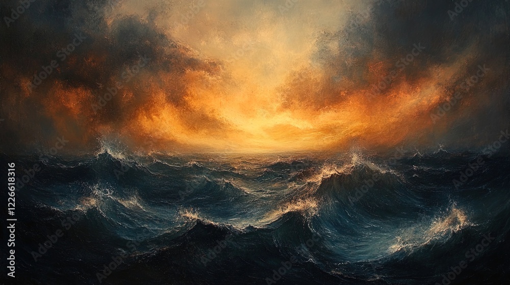 Naklejka premium A dark, stormy sea representing turmoil, with crashing waves and a turbulent sky, evoking feelings of struggle and conflict 