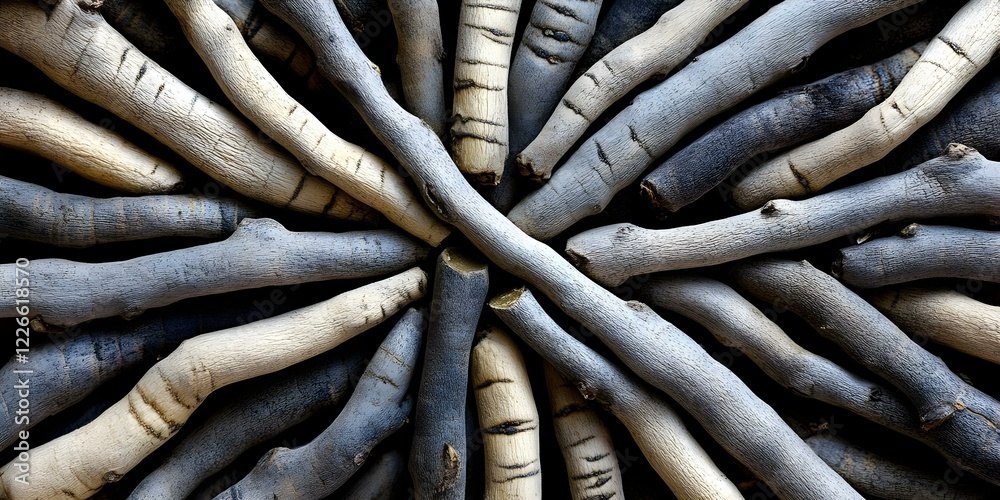Obraz premium A close-up of interwoven, textured wooden sticks in various shades of gray and beige, arranged in a circular pattern. Concept Close-Up Photography, Textured Wood, Natural Colors, Circular Design