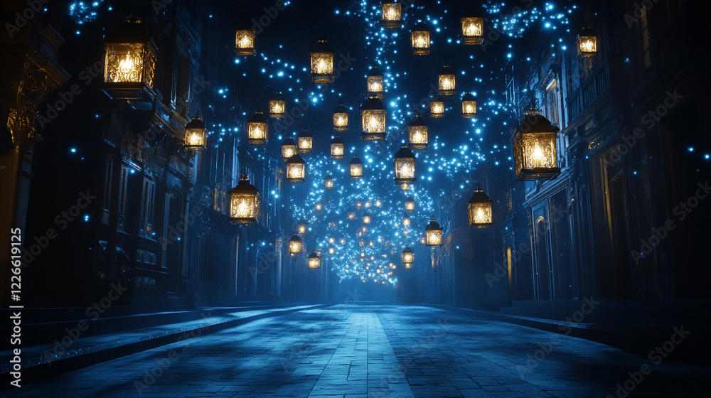 Magical Night Cityscape Lantern Lit Street Blue Fantasy Old Dark Glow Path Urban Scene Lights Dreamy Magical Night Cityscape Lantern Lit Street Blue Fantasy Old Dark Glow Path Urban Scene Lights Dreamy