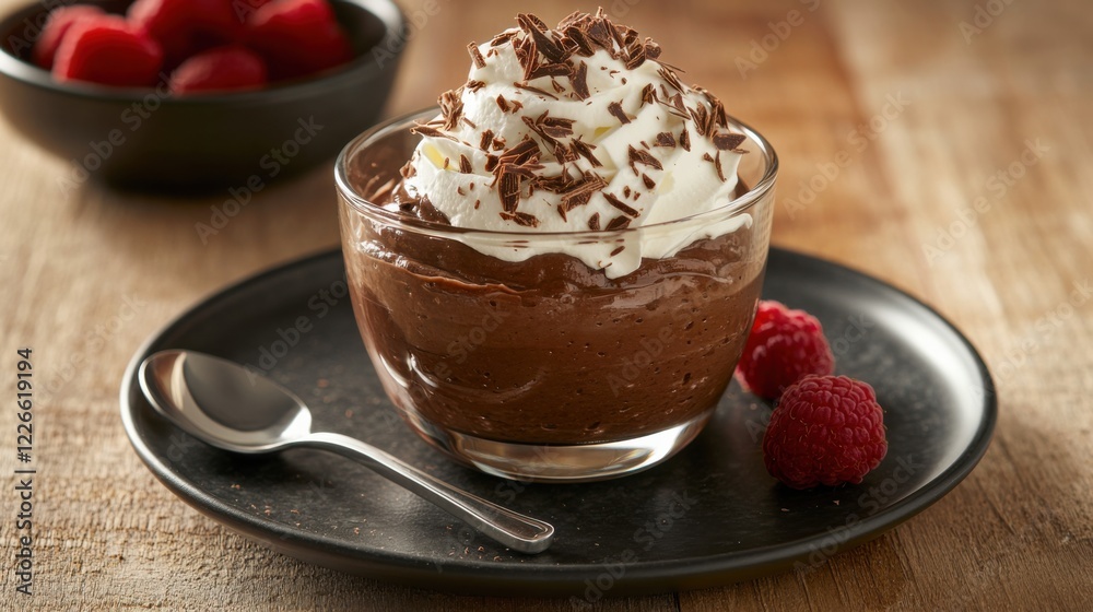 A decadent chocolate mousse in a clear glass cup, topped with whipped cream and chocolate shavings, served on a dark ceramic plate A decadent chocolate mousse in a clear glass cup, topped with whipped cream and chocolate shavings, served on a dark ceramic plate