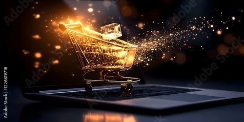 A glowing shopping cart appears on a laptop, symbolizing online shopping and e-commerce. Concept Online Shopping Trends, E-commerce Innovations, Digital Consumer Behavior, Shopping Cart Technology photo