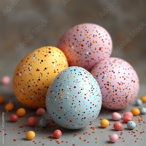 Speckled Easter eggs with colorful candy decorations photo