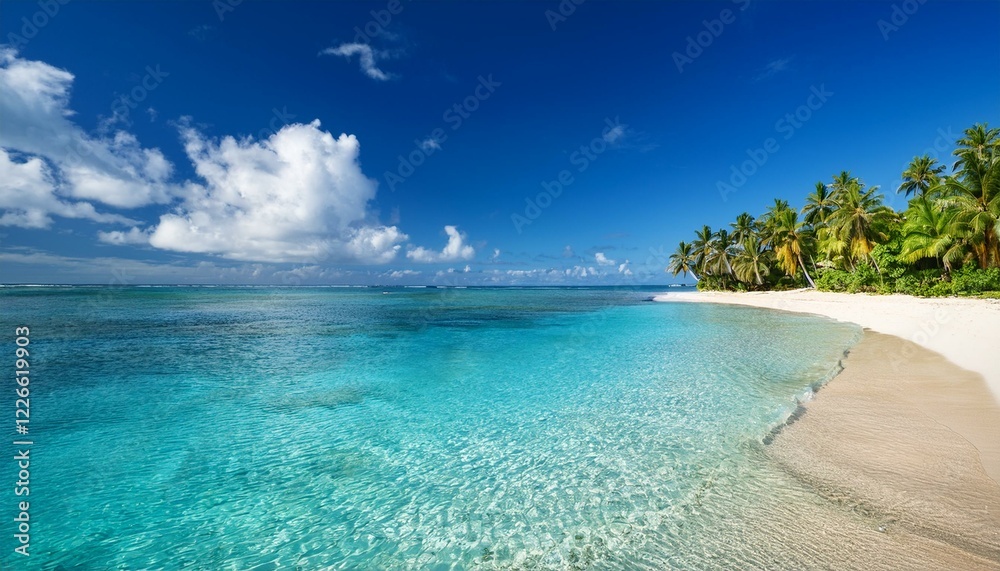 Fototapeta premium Beautiful tropical beach with palm trees, sunset beach seascape, design template for travel banner.