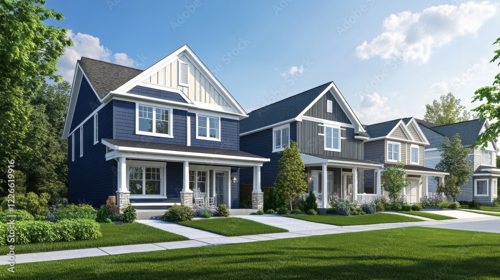 A pair of twin houses with different color schemes, each featuring an inviting front porch and green lawns. A pair of twin houses with different color schemes, each featuring an inviting front porch and green lawns.