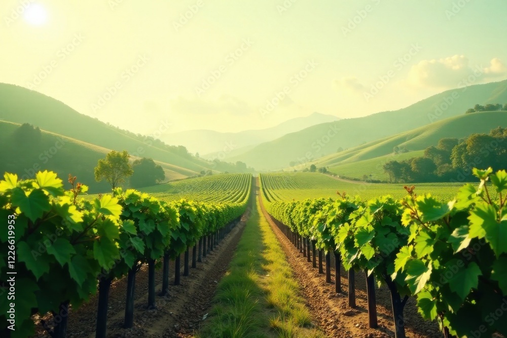 Naklejka premium Serene vineyard landscape bathed in the warm glow of morning sunlight, rolling hills extending to a hazy horizon, promising a bountiful harvest
