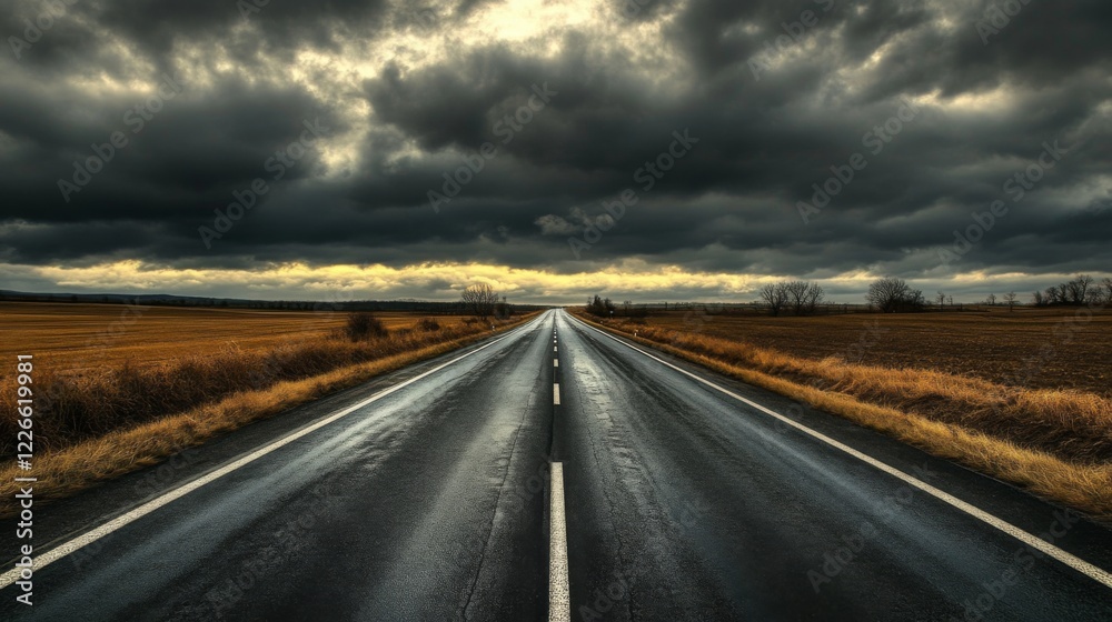 A panoramic view of a motorway cutting through a rural area, bordered by fields and trees under a cloudy sky. A panoramic view of a motorway cutting through a rural area, bordered by fields and trees under a cloudy sky.