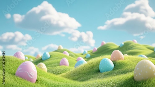 Colorful easter eggs on grassy hills