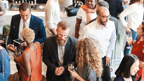 Diverse group of people at social event, mingling and chatting. Diverse people friends enjoying drinks, networking, and socializing together at lively cafe restaurant. Social event with diverse people