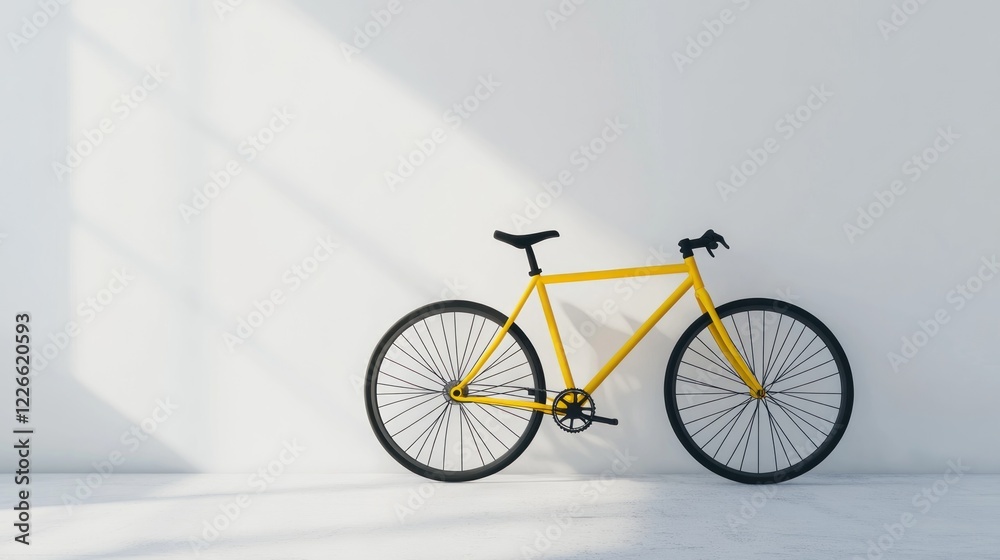 Yellow bicycle leans against white wall, sunlight streams in. Lifestyle image Yellow bicycle leans against white wall, sunlight streams in. Lifestyle image