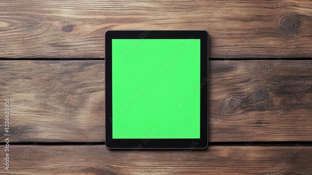 Tablet with green screen on wooden table. Blank copy space for design. Mockup for digital content creation. Technology, advertising, or social media pad display. Tablet with green screen on wooden table. Blank copy space for design. Mockup for digital content creation. Technology, advertising, or social media pad display.