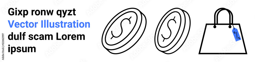 Two coins with dollar signs and a shopping bag with a tag convey money, transactions, and retail concepts. Ideal for e-commerce, shopping, finance, banking, marketplace, business and flat landing Two coins with dollar signs and a shopping bag with a tag convey money, transactions, and retail concepts. Ideal for e-commerce, shopping, finance, banking, marketplace, business and flat landing