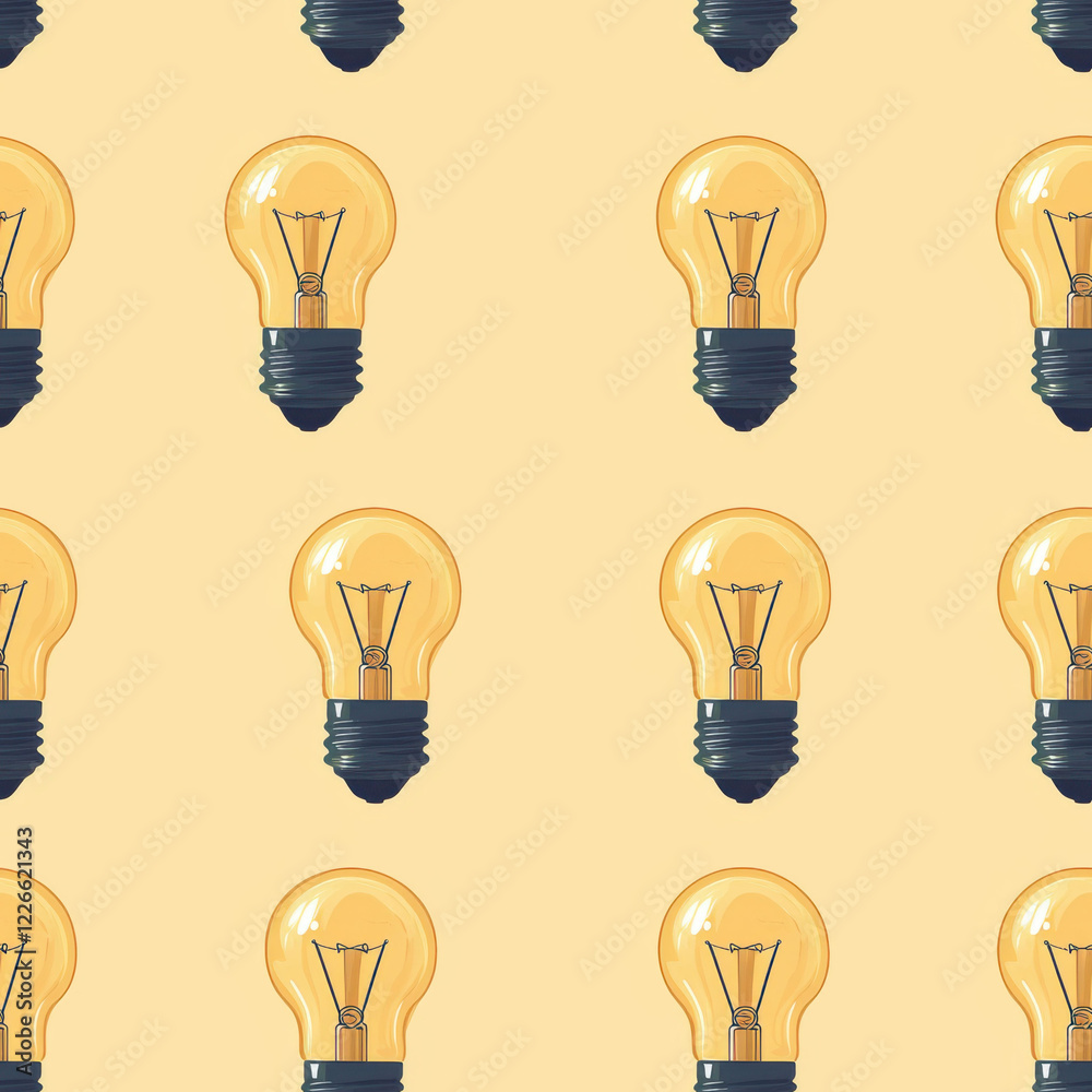 Seamless pattern of light bulbs on soft yellow background, creating warm ambiance Seamless pattern of light bulbs on soft yellow background, creating warm ambiance