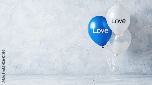 Three love balloons against a textured wall.  Perfect for Valentine's Day cards