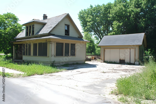 Derelict house and detached garage needing renovation, overgrown yard.  Ideal for real estate, renovation, or abandoned property themes.