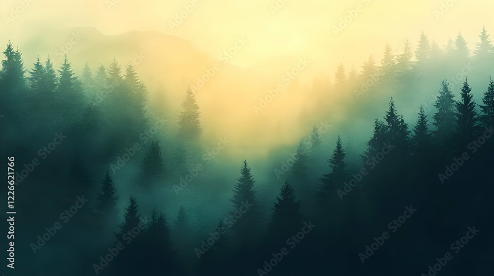 Misty mountain forest sunrise, nature background Misty mountain forest sunrise, nature background