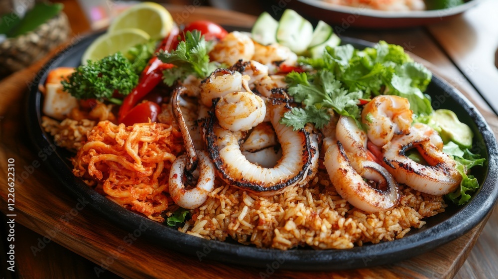 A sizzling platter of grilled squid and seafood, accompanied by crispy fried rice and vibrant vegetables, served on a wooden table. A sizzling platter of grilled squid and seafood, accompanied by crispy fried rice and vibrant vegetables, served on a wooden table.