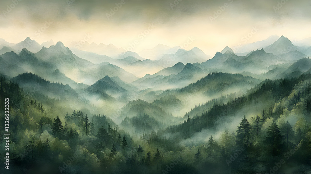 Obraz premium Misty Mountain Forest Sunrise Landscape
