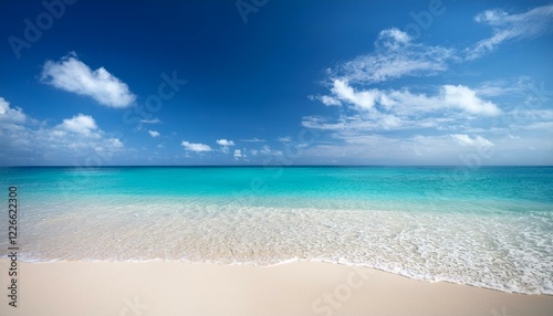 Beautiful tropical beach with palm trees, sunset beach seascape, design template for travel banner.