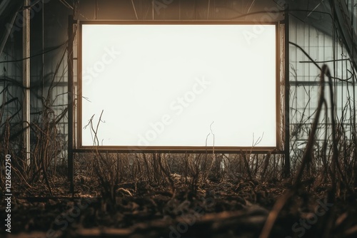 Abandoned Outdoor Movie Screen in Overgrown Environment During Twilight