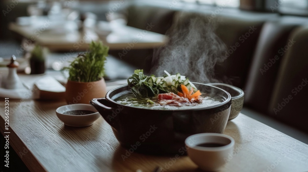 A steaming pot of shabu broth surrounded by fresh vegetables, sliced meats, and dipping sauces on a wooden table in a cozy restaurant. A steaming pot of shabu broth surrounded by fresh vegetables, sliced meats, and dipping sauces on a wooden table in a cozy restaurant.