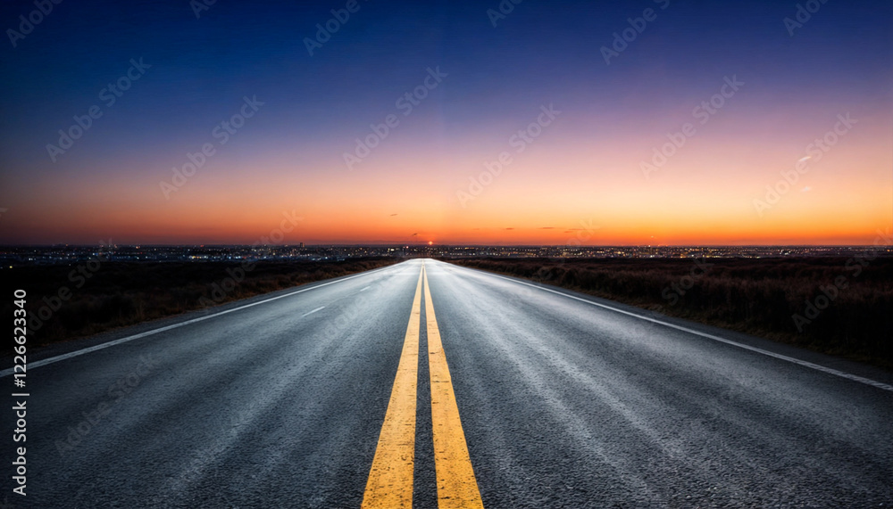 Fototapeta premium A mesmerizing open highway stretching into the horizon at twilight, with a glowing sunset sky and a tranquil atmosphere.