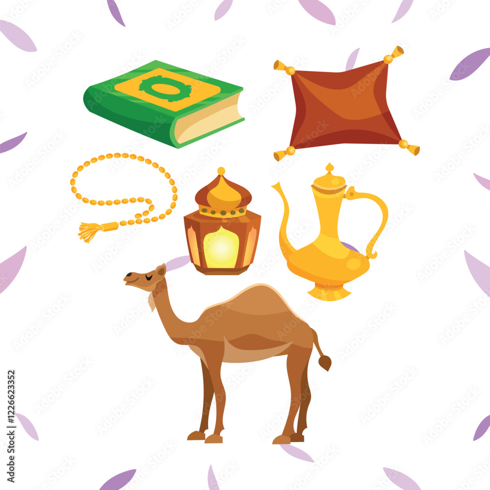 Vector set with arabic elements for Ramadan Greetings, Iftar Party invitation. Arabic hookah, coffee pot, crescent, Eastern lanterns for Iftar, Eid Al-Fitr decoration. Muslim feast of Ramadan month. Vector set with arabic elements for Ramadan Greetings, Iftar Party invitation. Arabic hookah, coffee pot, crescent, Eastern lanterns for Iftar, Eid Al-Fitr decoration. Muslim feast of Ramadan month.