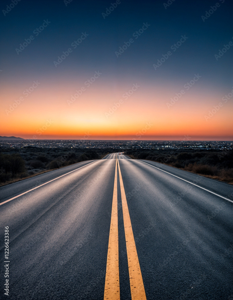 Naklejka premium A mesmerizing open highway stretching into the horizon at twilight, with a glowing sunset sky and a tranquil atmosphere.