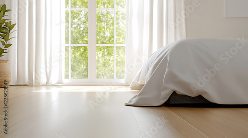 Sunlit bedroom interior modern home photography cozy environment low angle serenity and relaxation