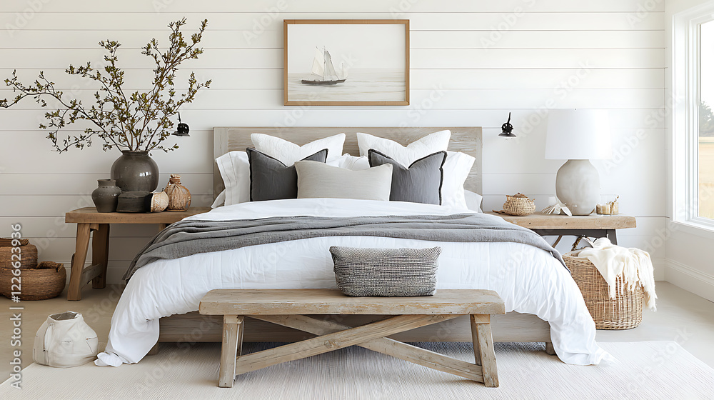 Fototapeta premium Elegant bedroom design inspiration modern home interior decor bright environment cozy viewpoint tranquil concept