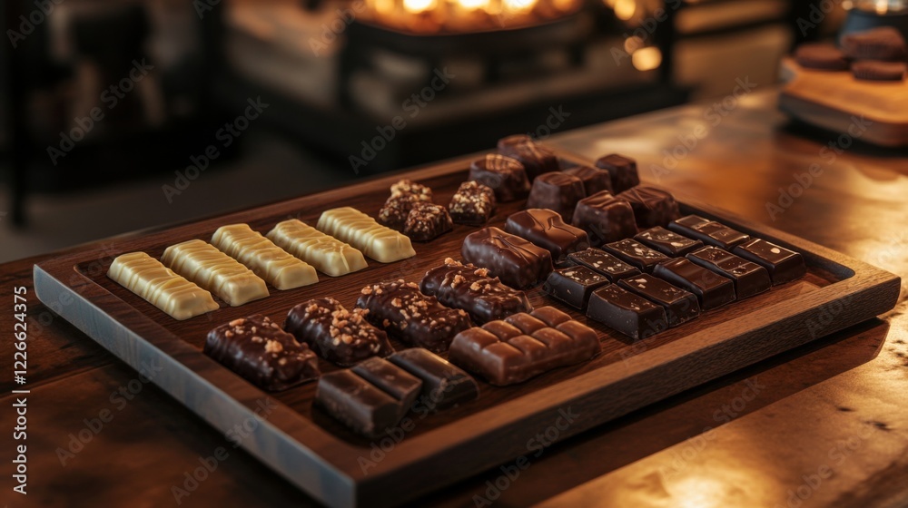 A variety of chocolate bars and pralines arranged artistically on a wooden tray, with a warm, inviting backdrop. A variety of chocolate bars and pralines arranged artistically on a wooden tray, with a warm, inviting backdrop.