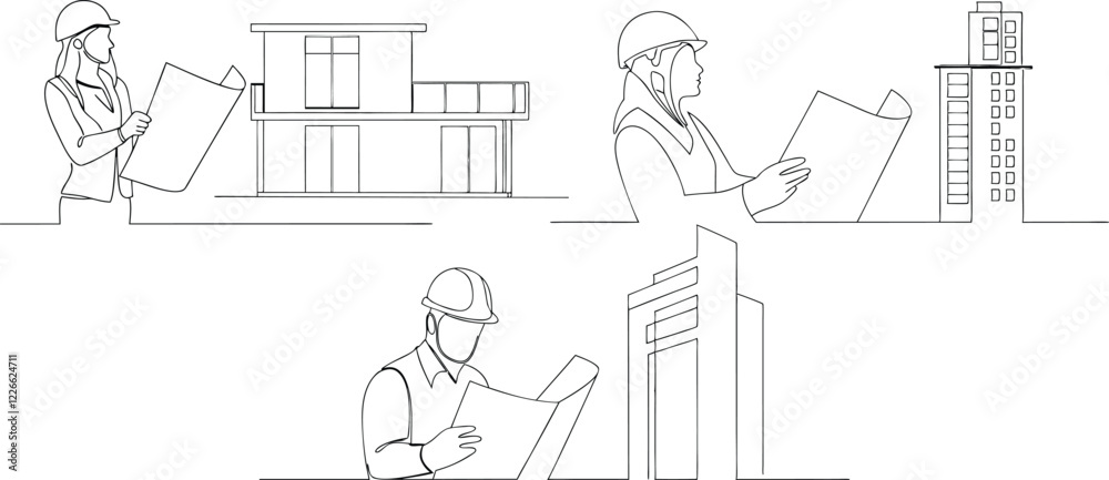Continuous One Line Art Drawing Illustration Of Construction Worker Reading Blueprint Paper In Editable Stroke On Isolated White Background Continuous One Line Art Drawing Illustration Of Construction Worker Reading Blueprint Paper In Editable Stroke On Isolated White Background
