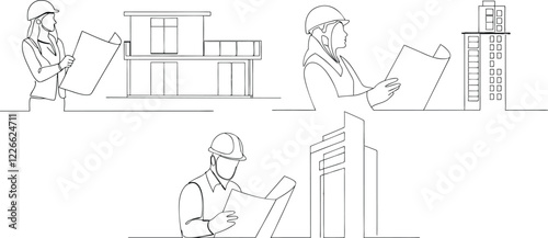 Continuous One Line Art Drawing Illustration Of Construction Worker Reading Blueprint Paper In Editable Stroke On Isolated White Background