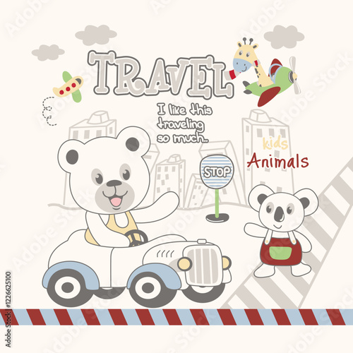 Cute bear and little friend traveling by car. Fun adventure concept for children.
