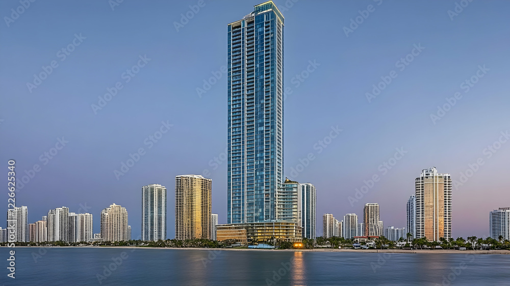 Naklejka premium Stunning twilight view of a modern skyscraper and surrounding high-rises along a tranquil waterfront.