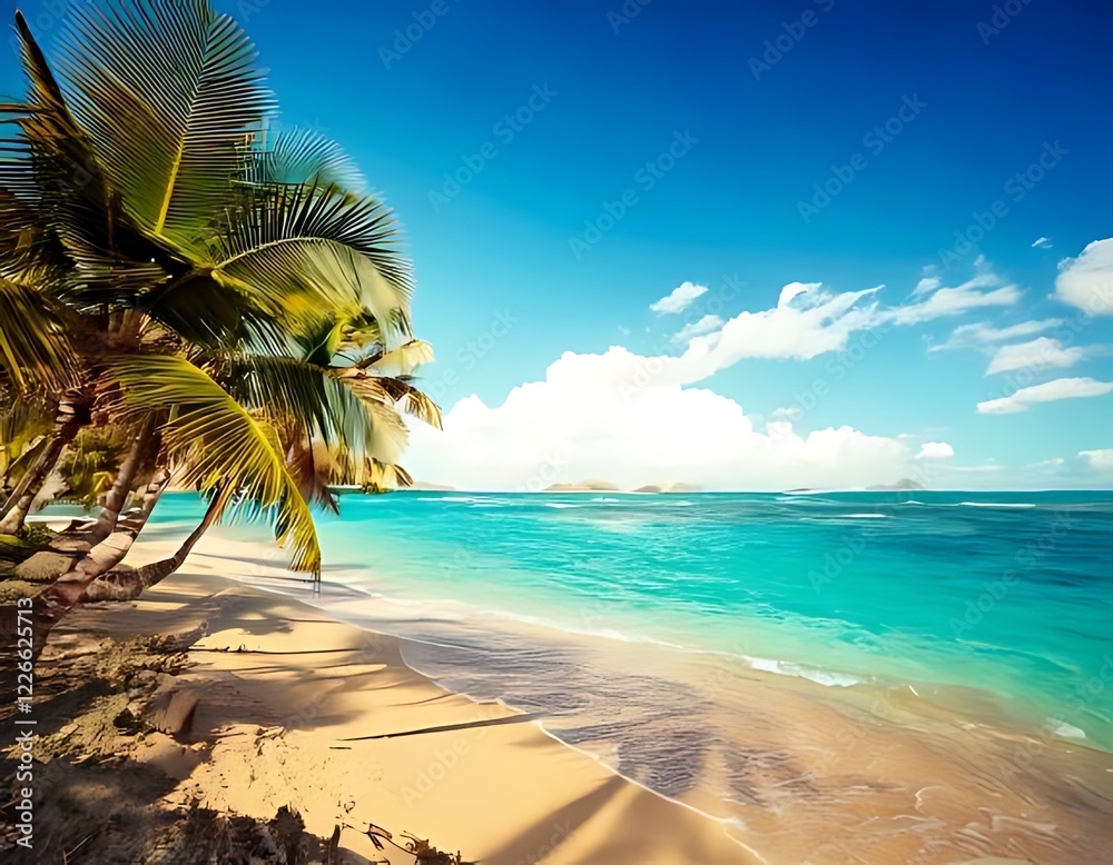 Naklejka premium Beach with palm trees, ocean view, summer 3D background illustration concept 