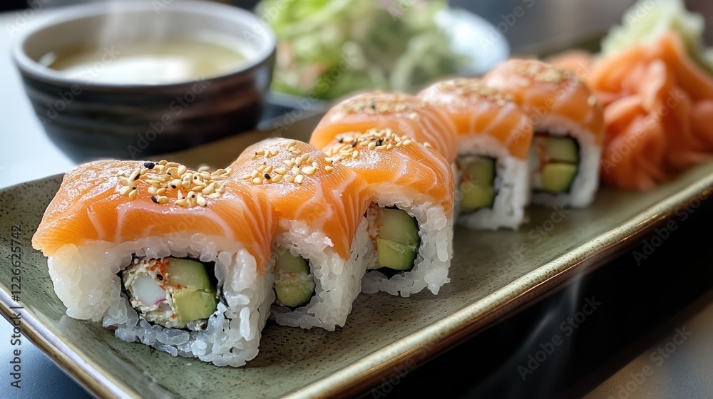 shot of salmon sushi and California rolls arranged neatly on a long rectangular ceramic plate, features fresh slices of salmon the rolls are filled with avocado, cucumber, and crab, rolled in seaweed. shot of salmon sushi and California rolls arranged neatly on a long rectangular ceramic plate, features fresh slices of salmon the rolls are filled with avocado, cucumber, and crab, rolled in seaweed.
