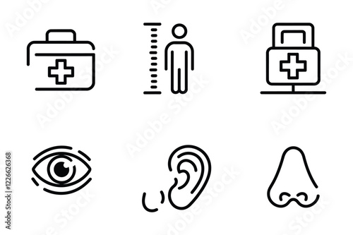 Medical and Healthcare Black Line Icon Set – First Aid Kit, Height Measurement, Hospital Sign, Eye, Ear, Nose