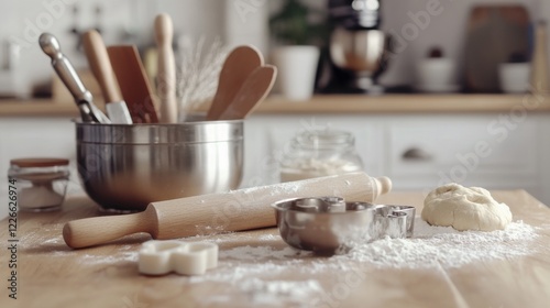 Scene of a baking setup in a kitchen. Featuring baking tools like rolling pins, cookie cutters, and a mixing bowl. Highlighting the joy of baking. Ideal for cooking blogs. photo