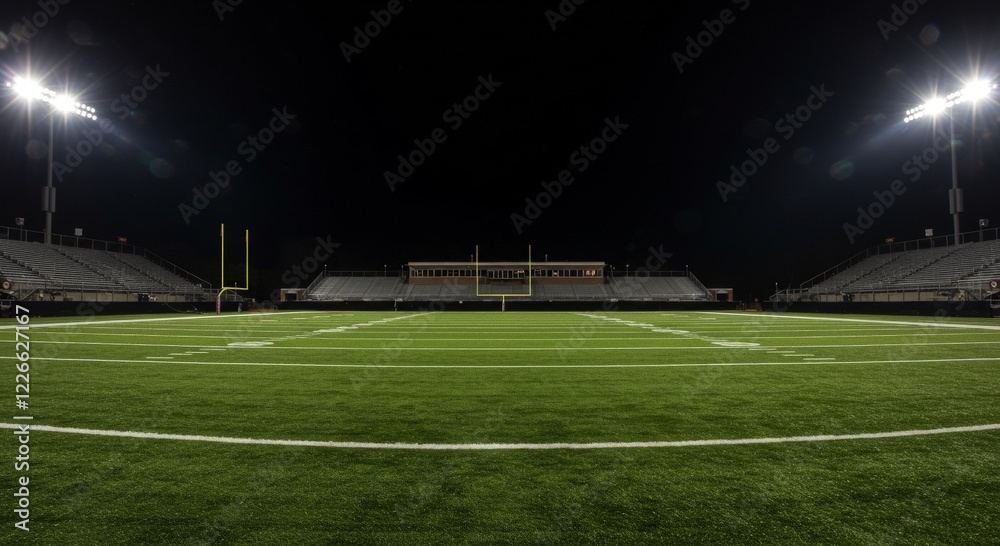 Fototapeta premium Football field illuminated by stadium lights with copy space on dark background 