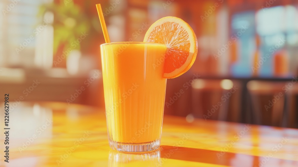 Close-up of a creamy orange smoothie with a bright orange color, served in a modern glass with a straw and a slice of orange for a refreshing touch. Close-up of a creamy orange smoothie with a bright orange color, served in a modern glass with a straw and a slice of orange for a refreshing touch.