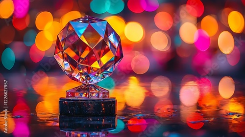 Crystal award plaque with beveled edges on a black glossy surface and blurred reflections, ultra-sharp focus