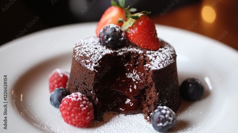 Close-up of a decadent chocolate lava cake with a gooey center, garnished with fresh berries and a dusting of powdered sugar, emphasizing the indulgent details. Close-up of a decadent chocolate lava cake with a gooey center, garnished with fresh berries and a dusting of powdered sugar, emphasizing the indulgent details.