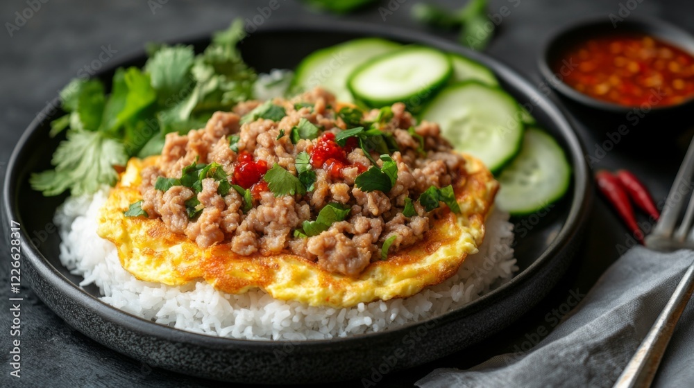 Close-up of a delicious omelette with minced pork, served on top of steamed rice, with chili sauce and fresh cucumbers on the side. Close-up of a delicious omelette with minced pork, served on top of steamed rice, with chili sauce and fresh cucumbers on the side.