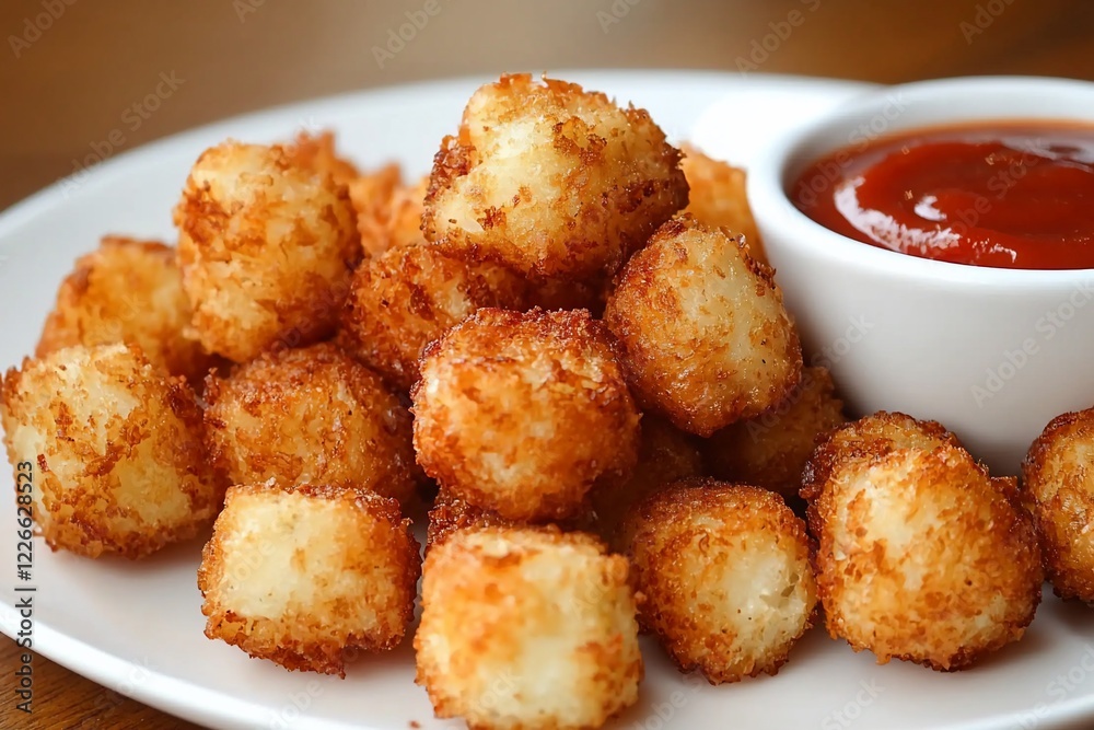 Crispy golden-brown potato bites served with a side of tangy ketchup on a wooden table Crispy golden-brown potato bites served with a side of tangy ketchup on a wooden table
